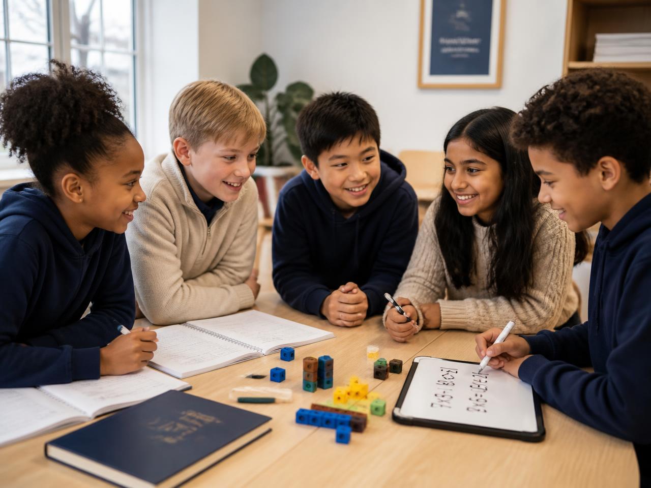 Young students learning math with a tutor using number blocks and worksheets